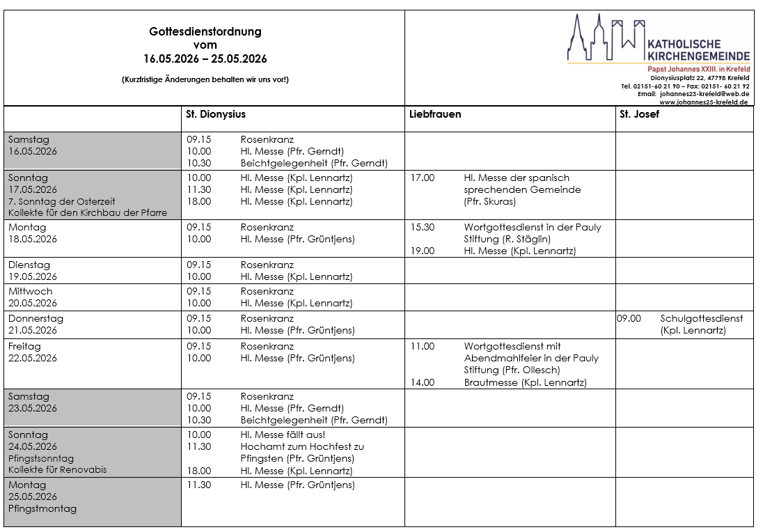 Tabellarischer Plan der Gottesdienste (c) P.N.