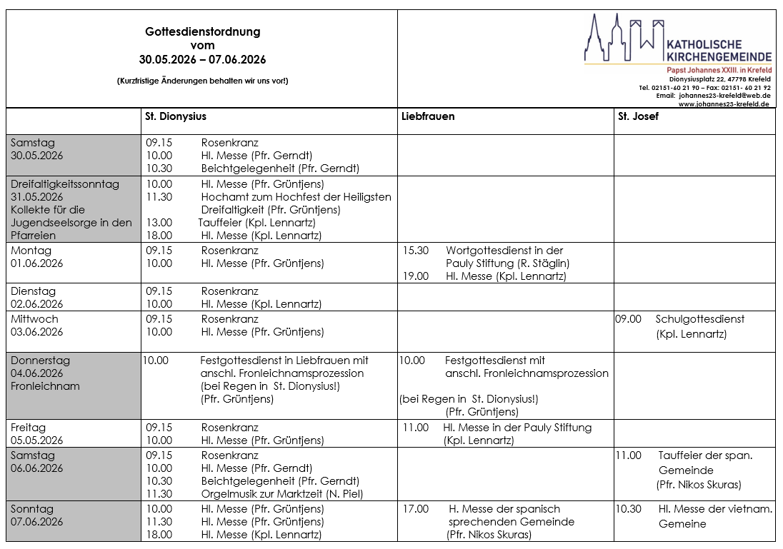 Tabellarischer Plan der Gottesdienste (c) P.N.