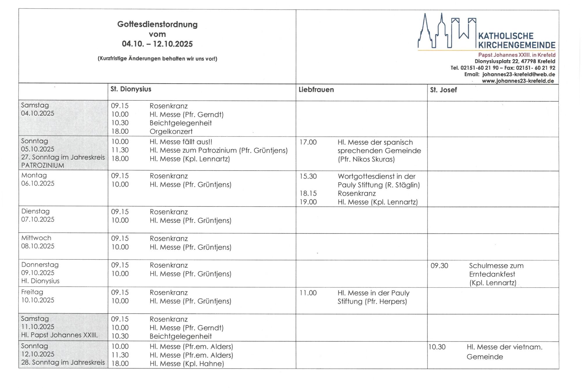 tabellarische Gottesdienstordnung mit Terminen