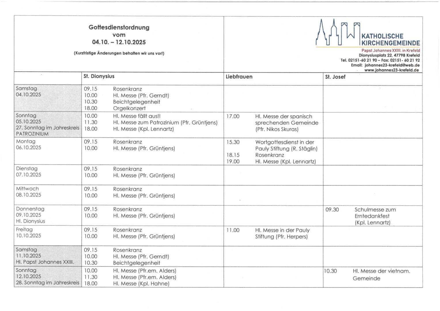 tabellarische Gottesdienstordnung mit Terminen (c) kvh