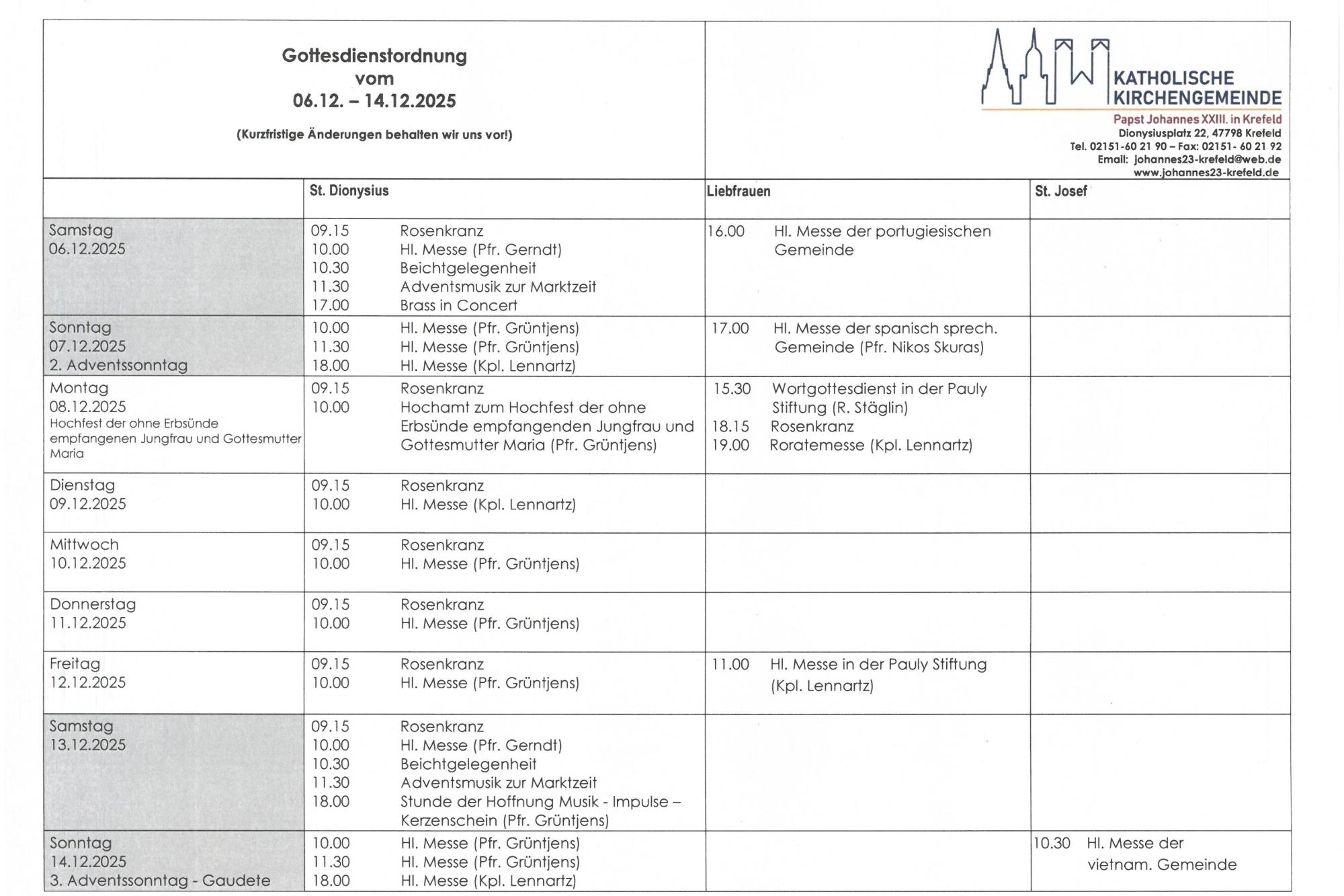 tabellarische Gottesdienstordnung mit Terminen