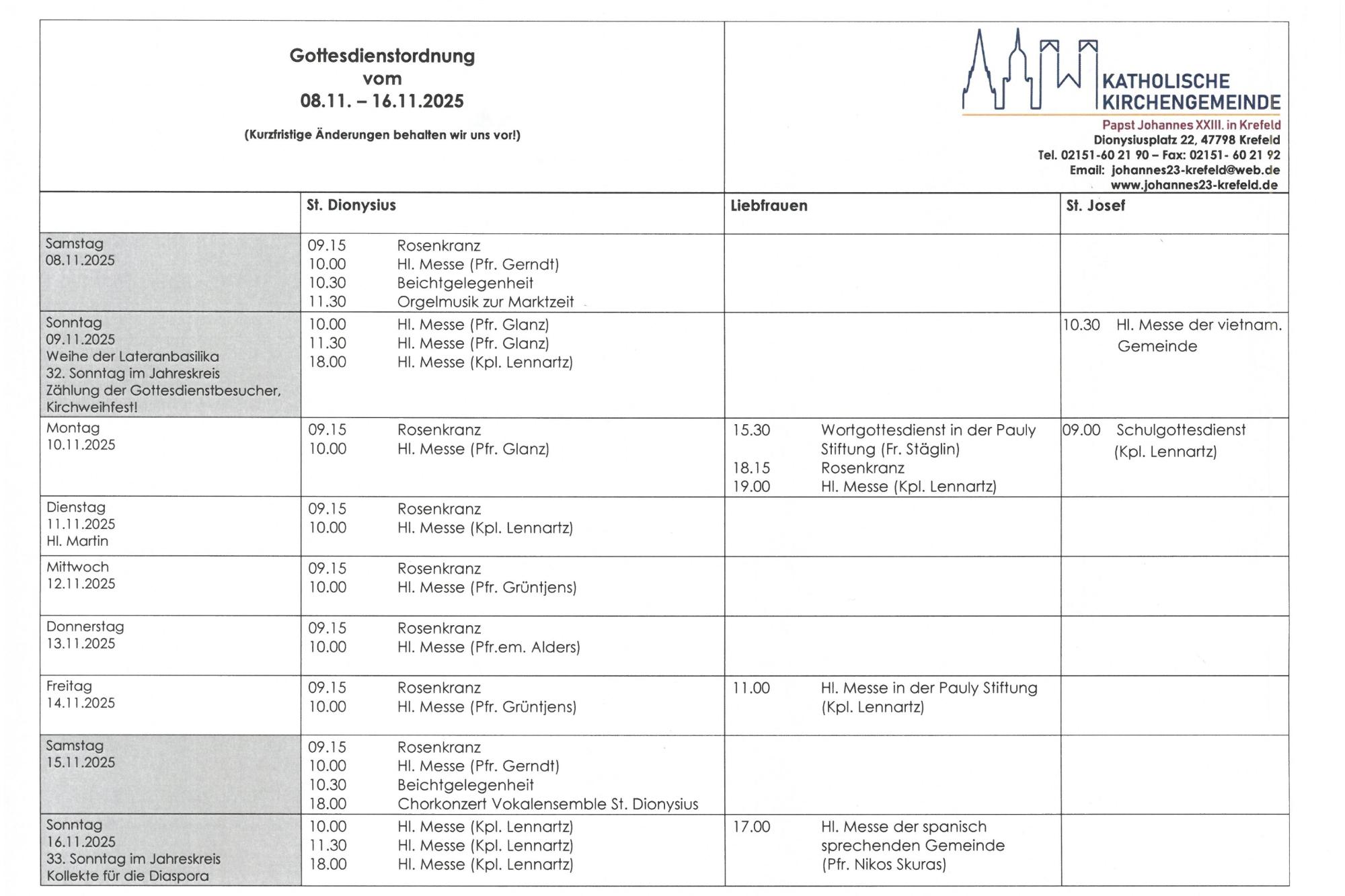 tabellarische Gottesdienstordnung mit Terminen