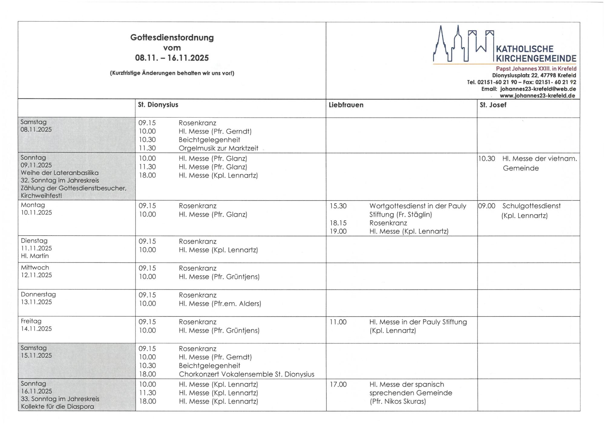 tabellarische Gottesdienstordnung mit Terminen