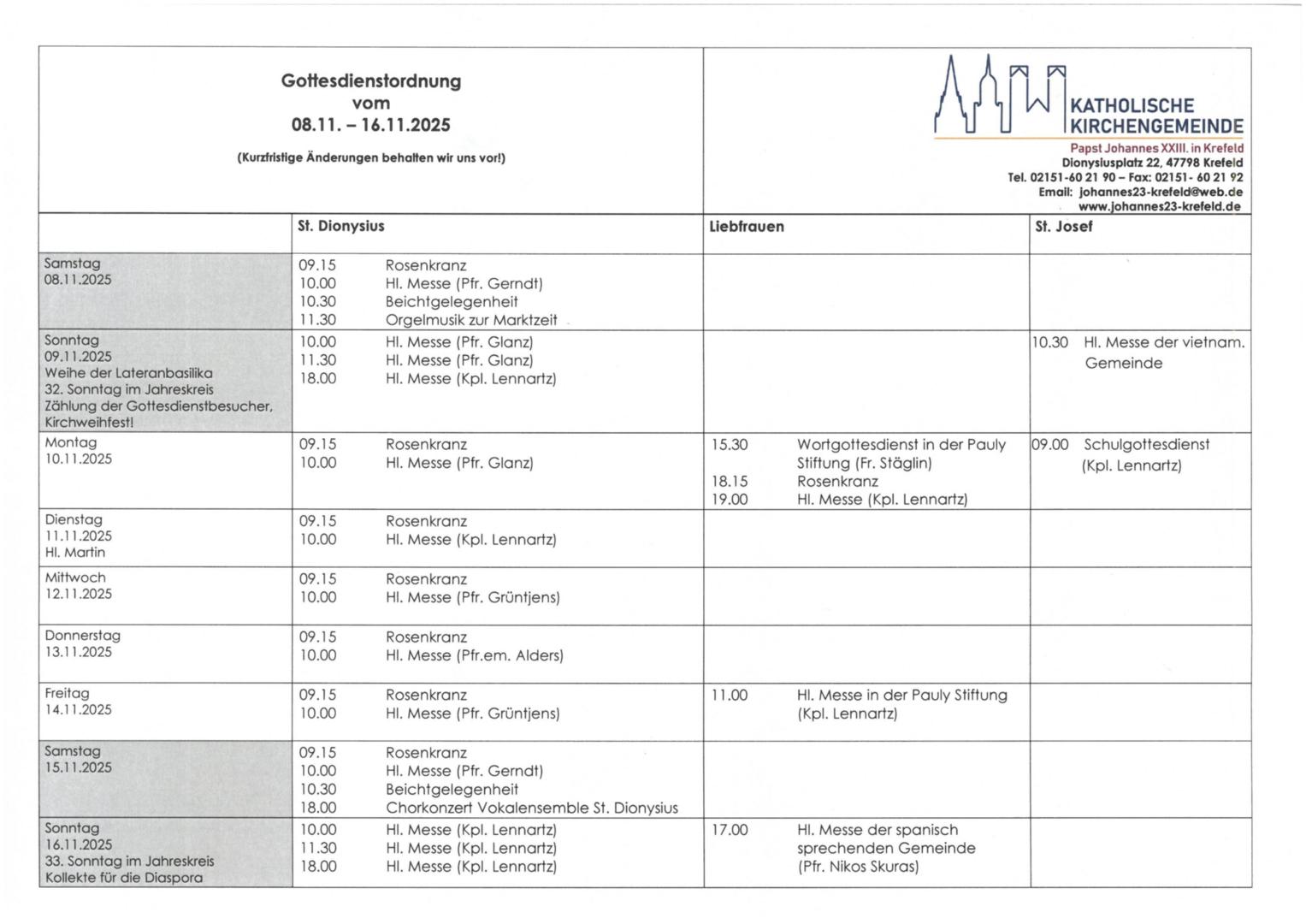 tabellarische Gottesdienstordnung mit Terminen (c) P.N.