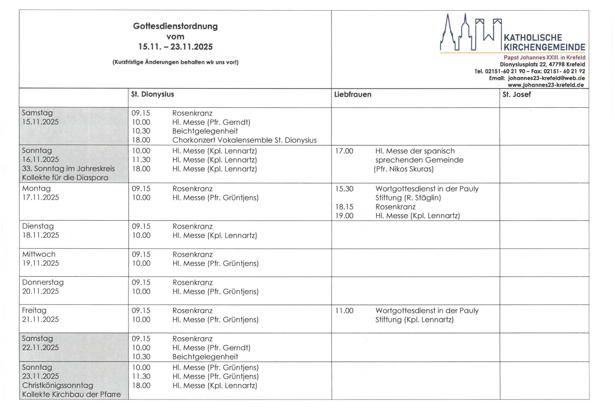 tabellarische Gottesdienstordnung mit Terminen