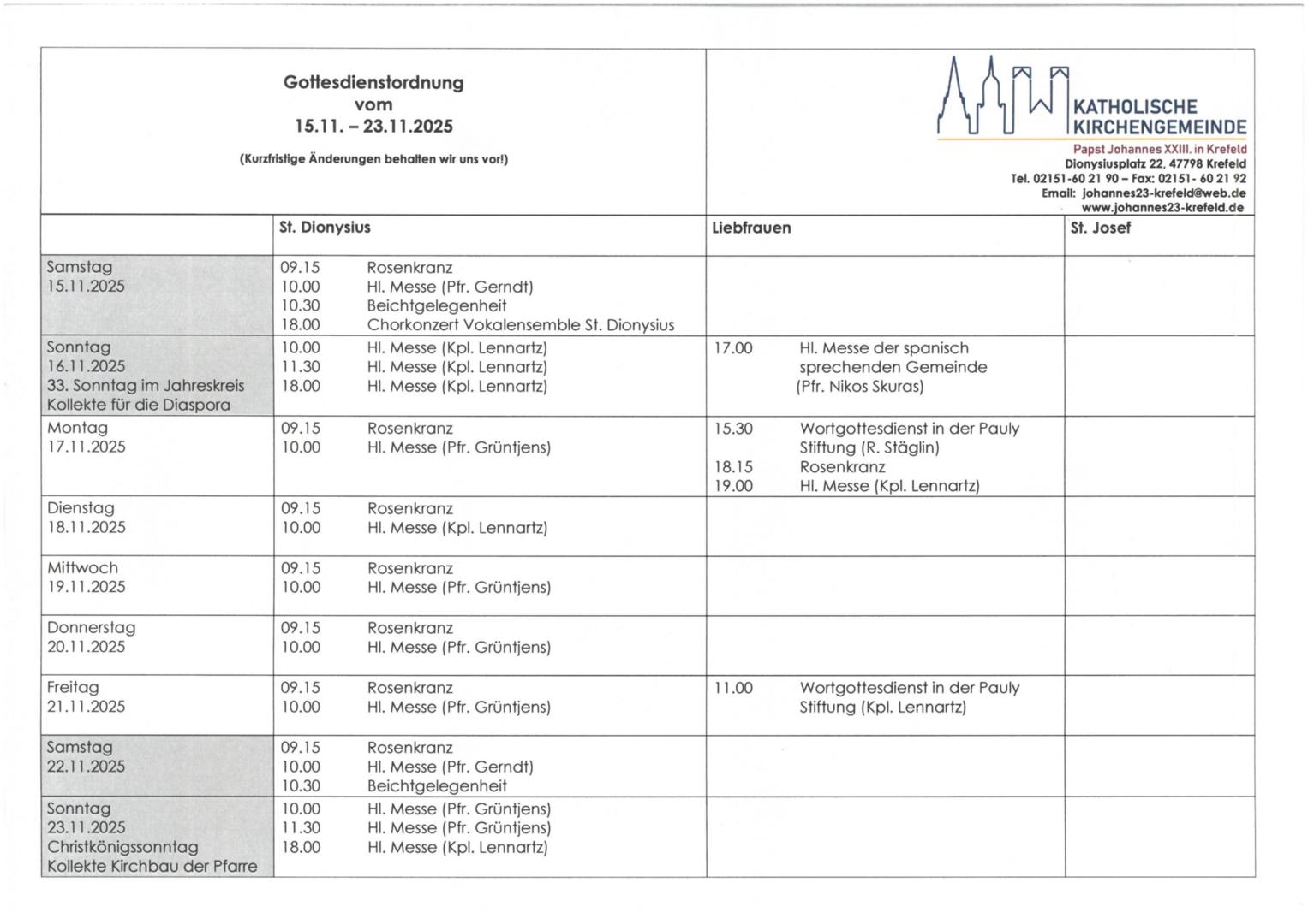 tabellarische Gottesdienstordnung mit Terminen (c) P.N.