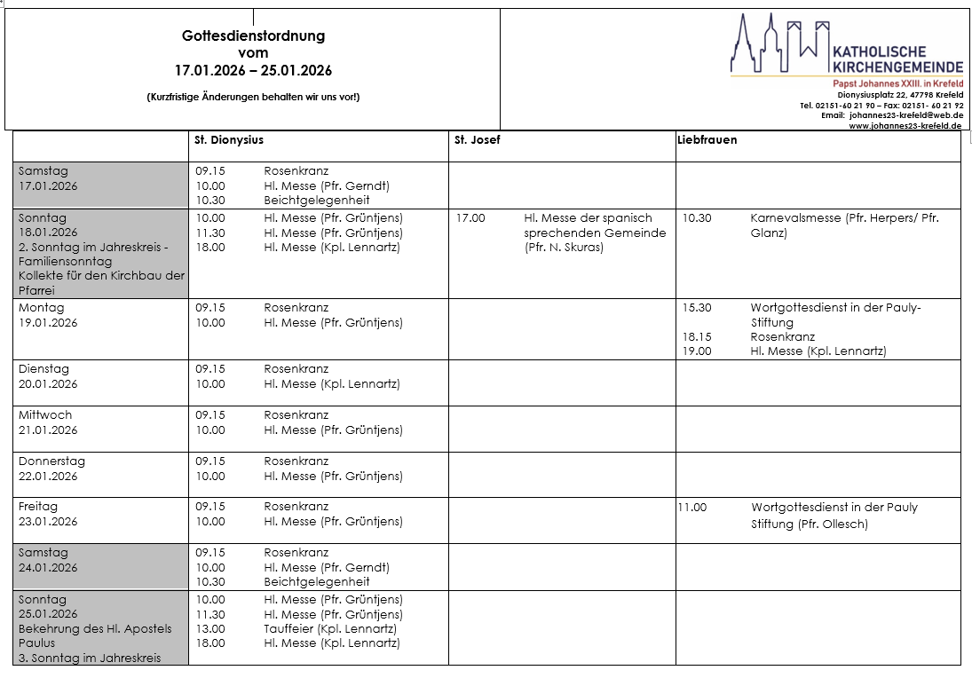 tabellarische Gottesdienstordnung mit Terminen (c) kvh