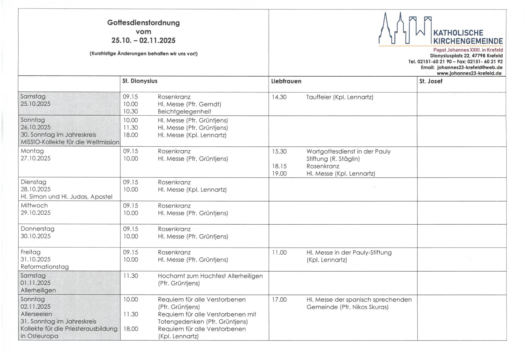 tabellarische Gottesdienstordnung mit Terminen