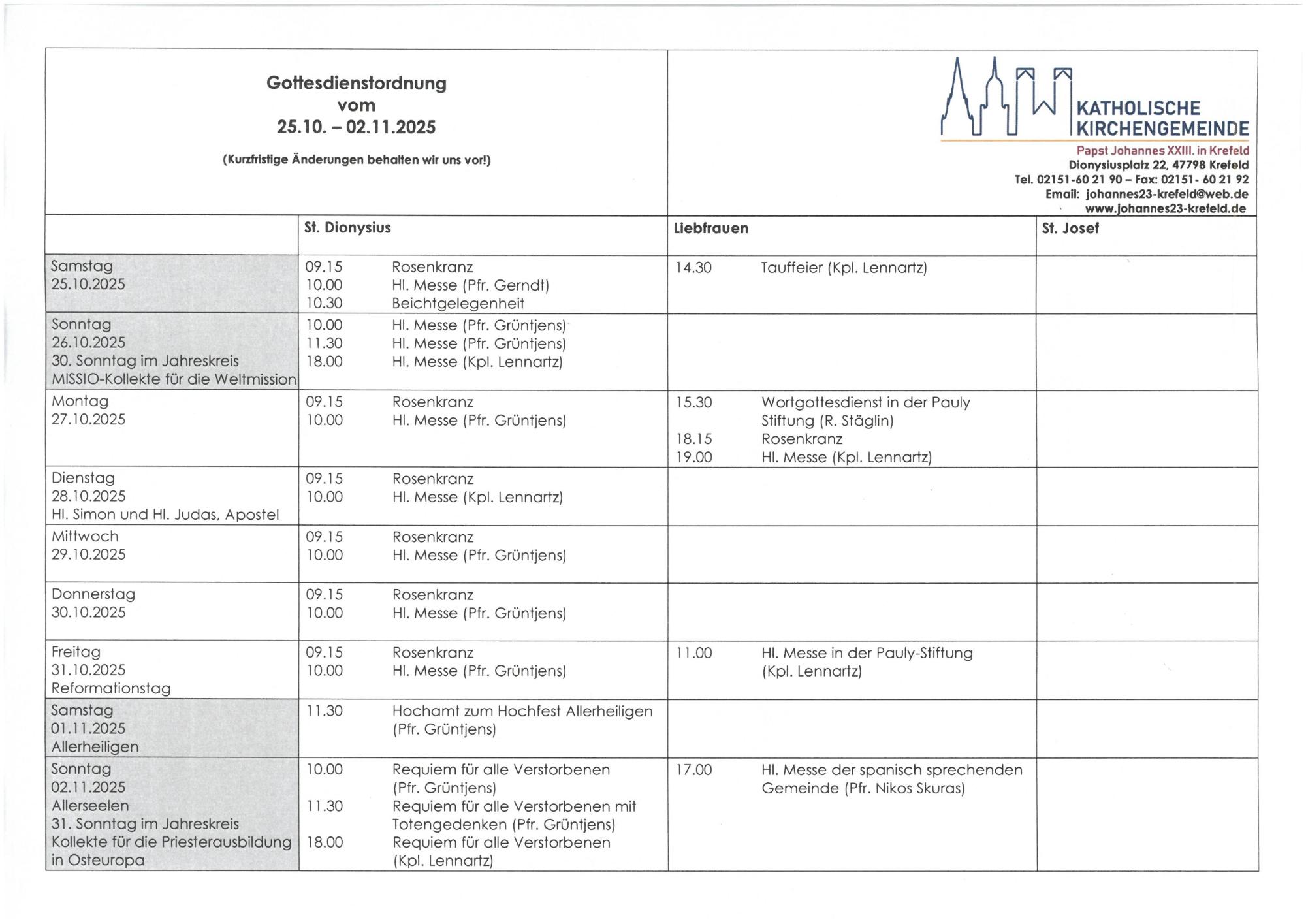 tabellarische Gottesdienstordnung mit Terminen