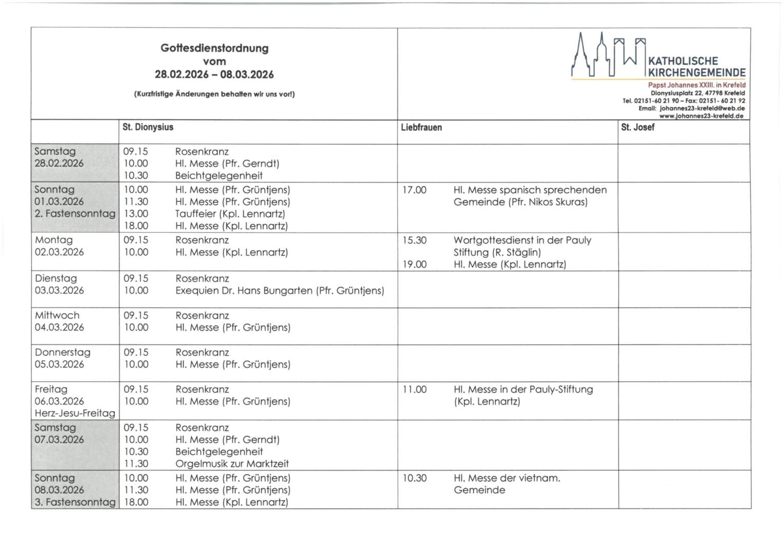 tabellarische Gottesdienstordnung mit Terminen (c) P.N.