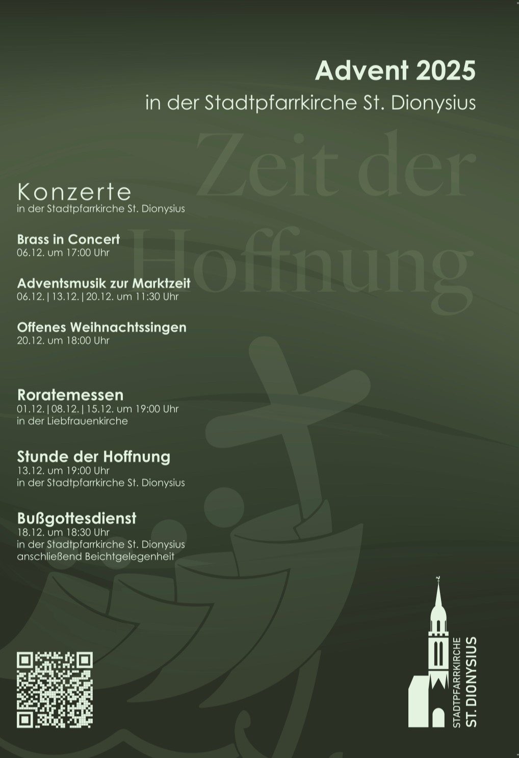 grünes Plakat mit Terminübersicht Advent und Logo Dionysiuskirche und QR Code (c) kvh
