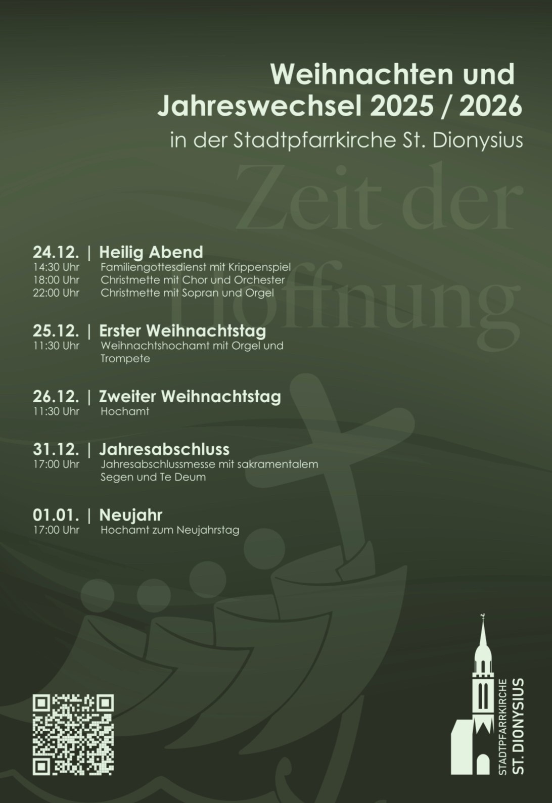 grünes Plakat mit Terminübersicht Logo Dionysiuskirche und QR Code (c) kvh