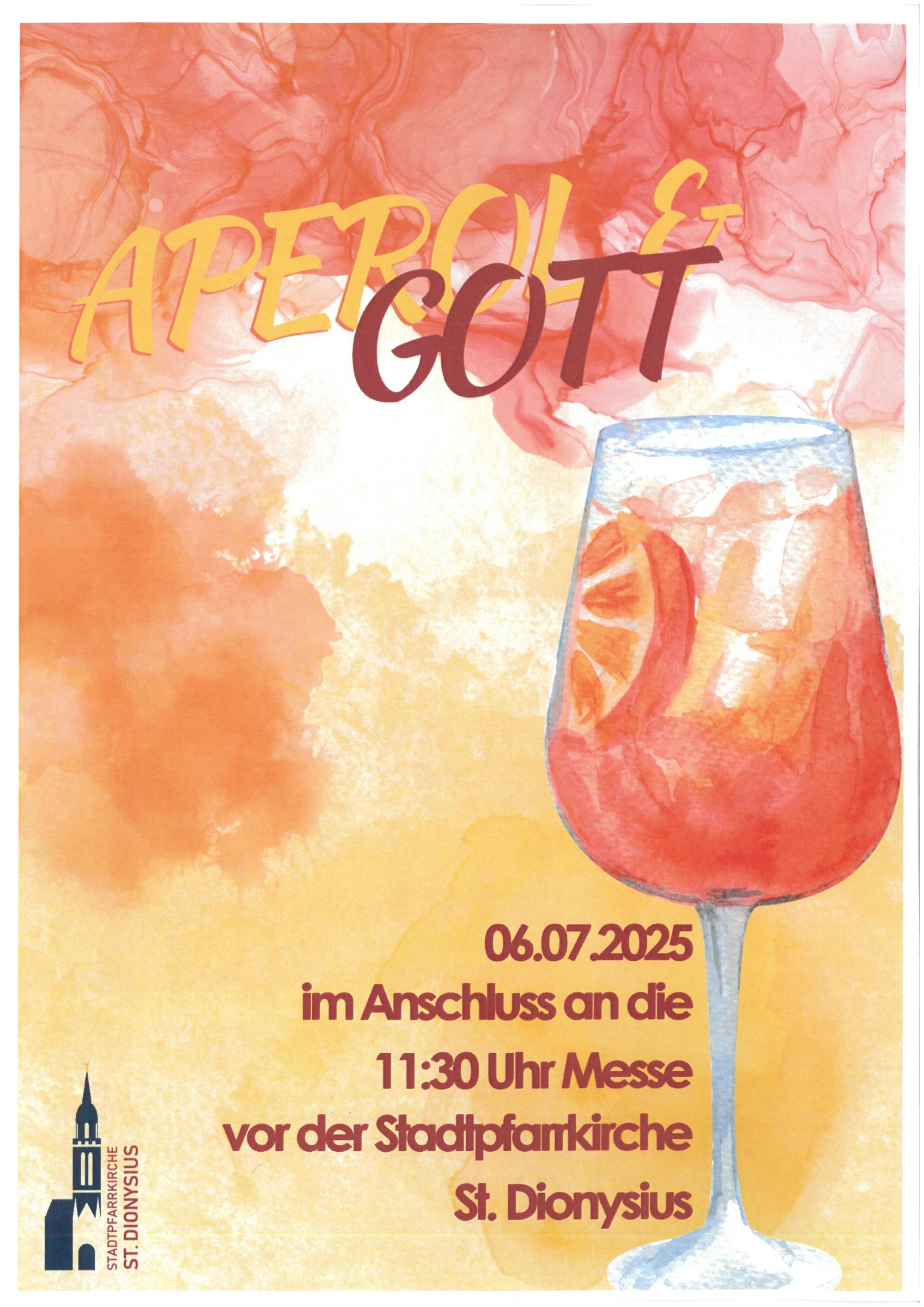 Weinglas gefüllt mit Aperol und einer Orangenscheibe, Daten der Veranstaltung, Aperol und Gott