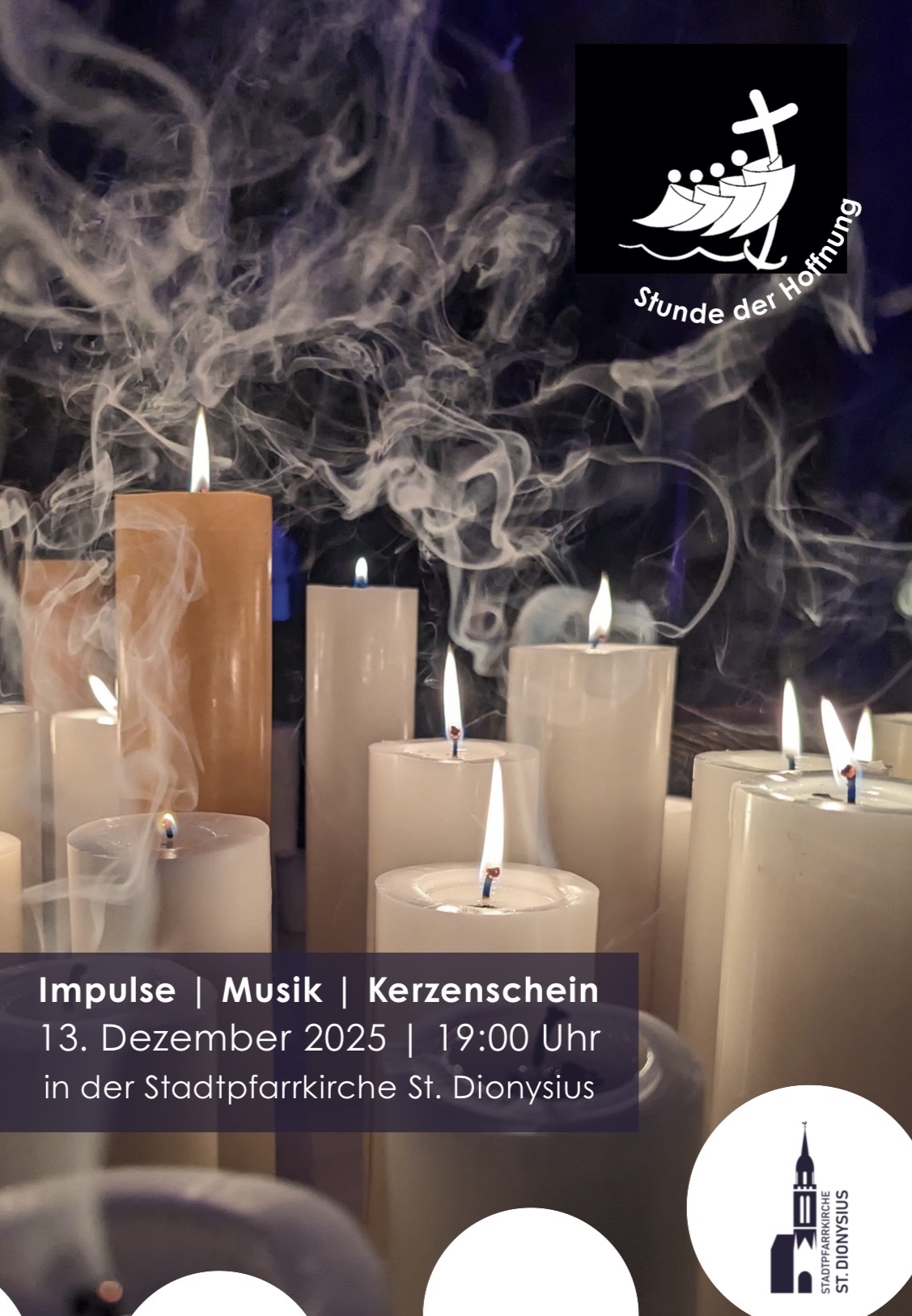 Rauchende Kerzen, Logo der Stadtpfarrkirche St. Dionysius, Text 