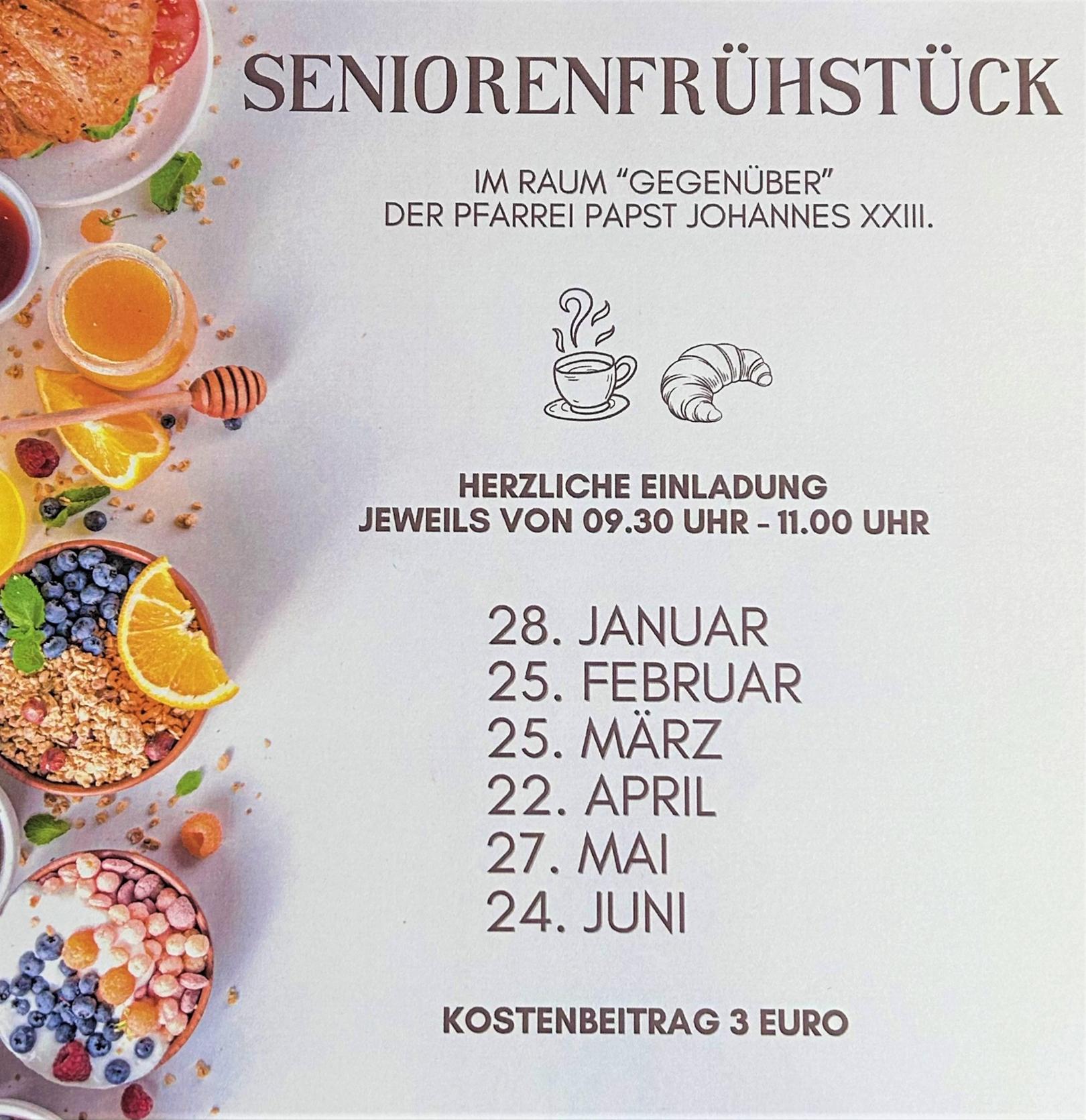 Terminübersicht des Seniorenfrühstücks mit Bilderrn von Frühstücksutensilien (c) me