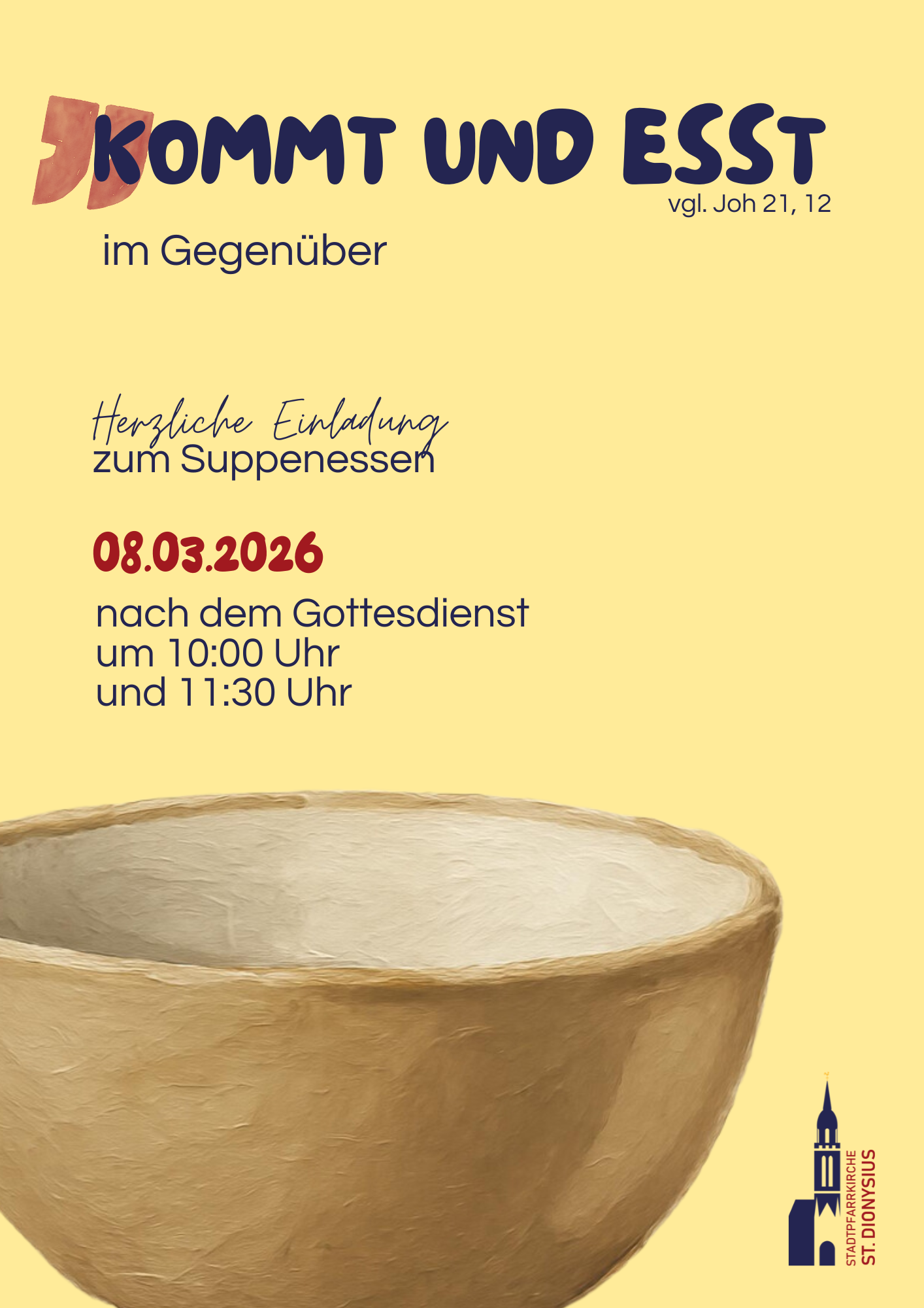 Kommt und esst Termin zum Kirchencafe mit Suppenschüssel Logo der Stadtpfarrkirche (c) d.giesm.
