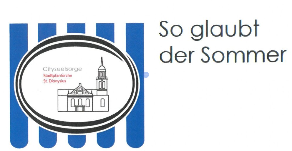 Sommerkirche mit Bild von der Stadtpfarrkirche und blauen Streifen (c) kvh
