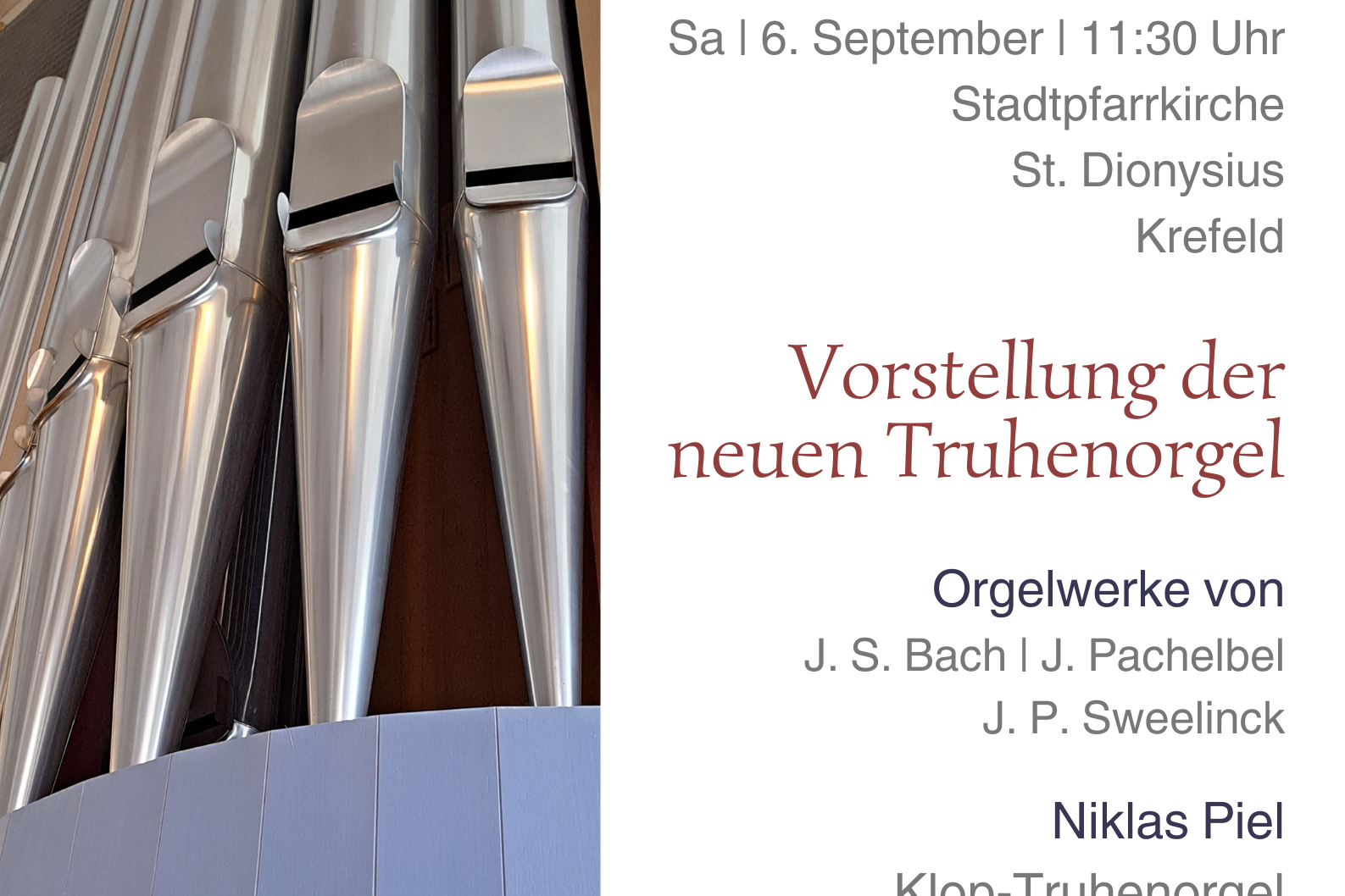 Plakat der Marktmusik, auf der linken Seite ein Ausschnitt des Orgelprospektes, auf der rechten Seite die Daten der Veranstaltung.