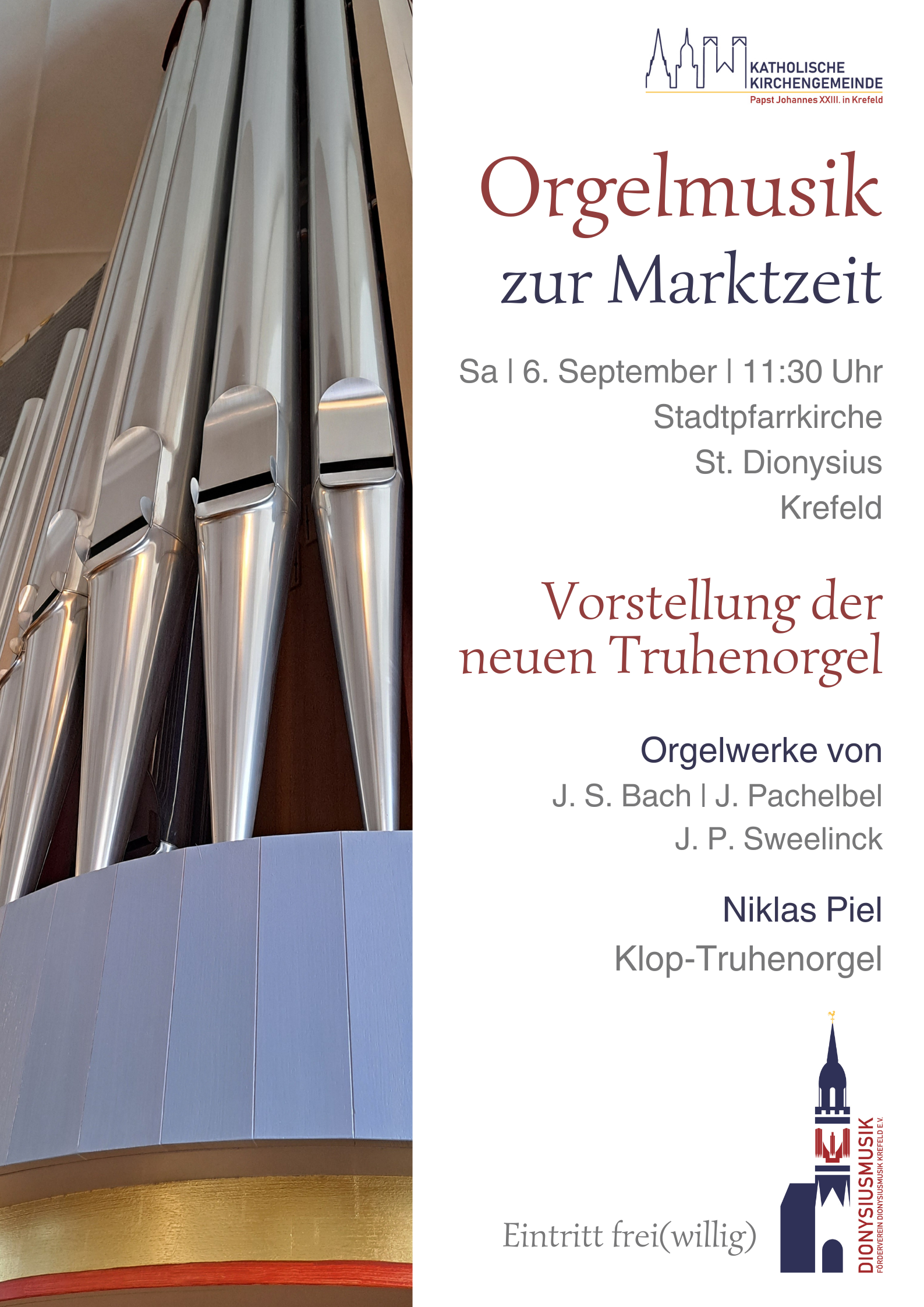 Plakat der Marktmusik, auf der linken Seite ein Ausschnitt des Orgelprospektes, auf der rechten Seite die Daten der Veranstaltung. (c) NP