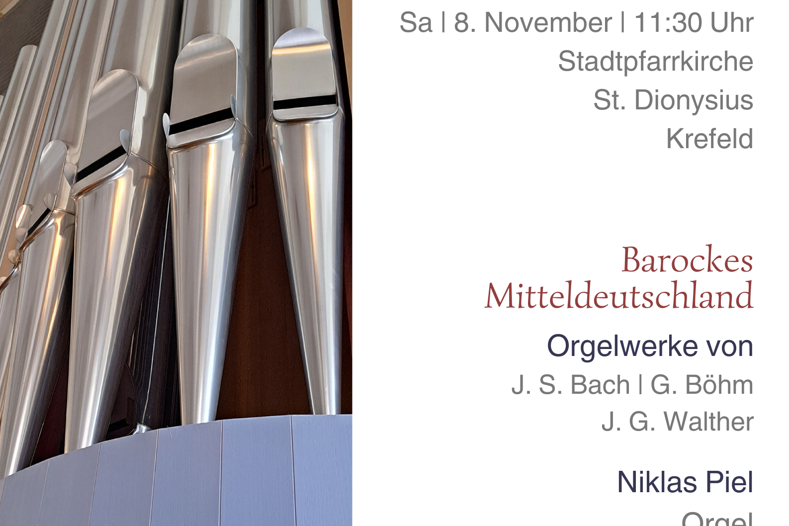 Plakat mit Orgelprospekt und den Daten aus dem Fließtext