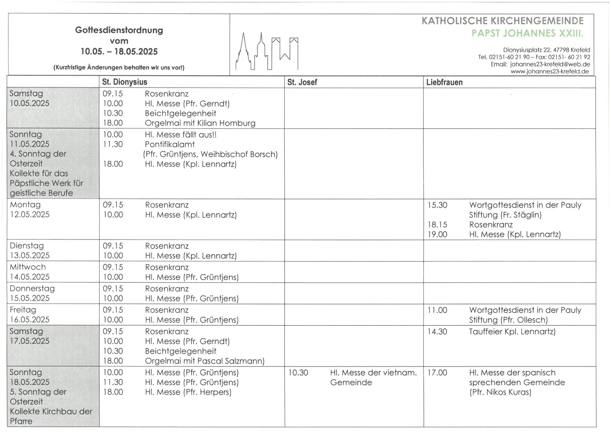 Gottesdienstordnung mit Terminen