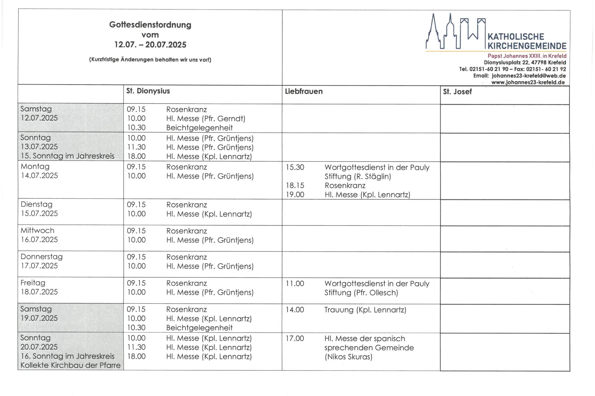 Gottesdienstordnung mit Terminen