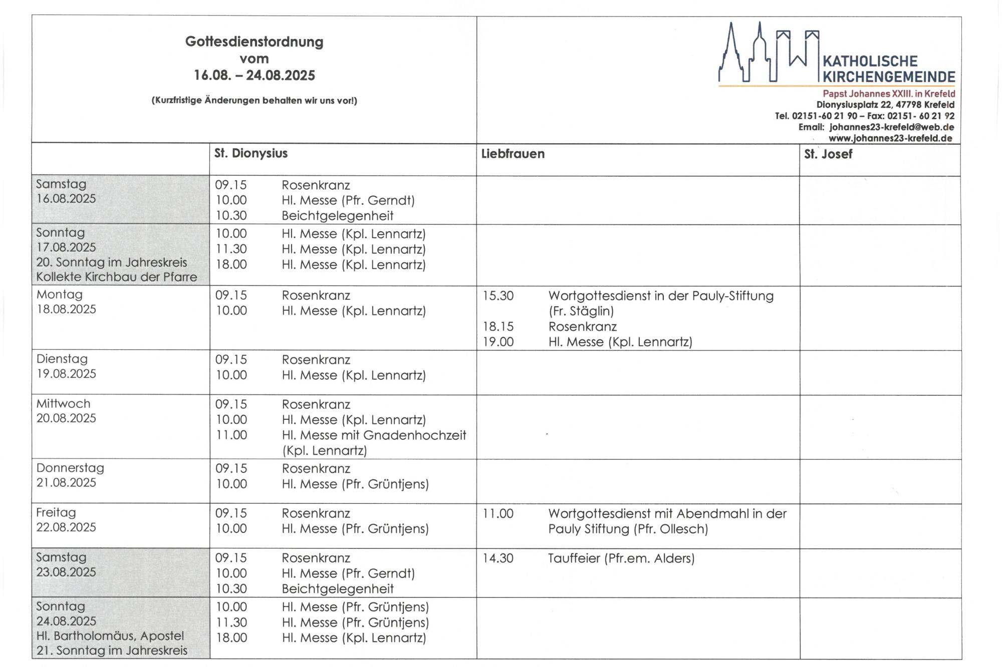 tabellarische Gottesdienstordnung mit Terminen