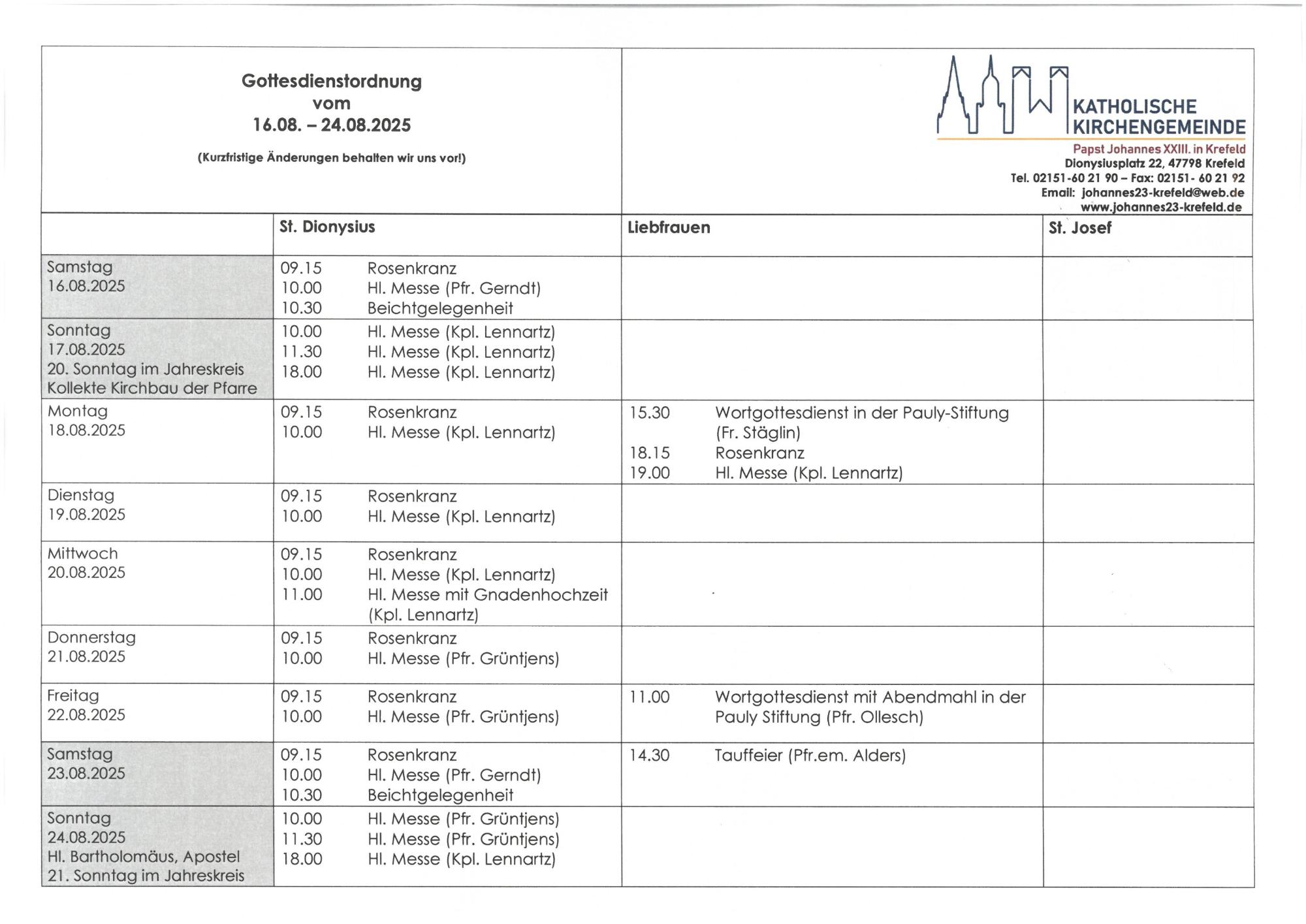 tabellarische Gottesdienstordnung mit Terminen