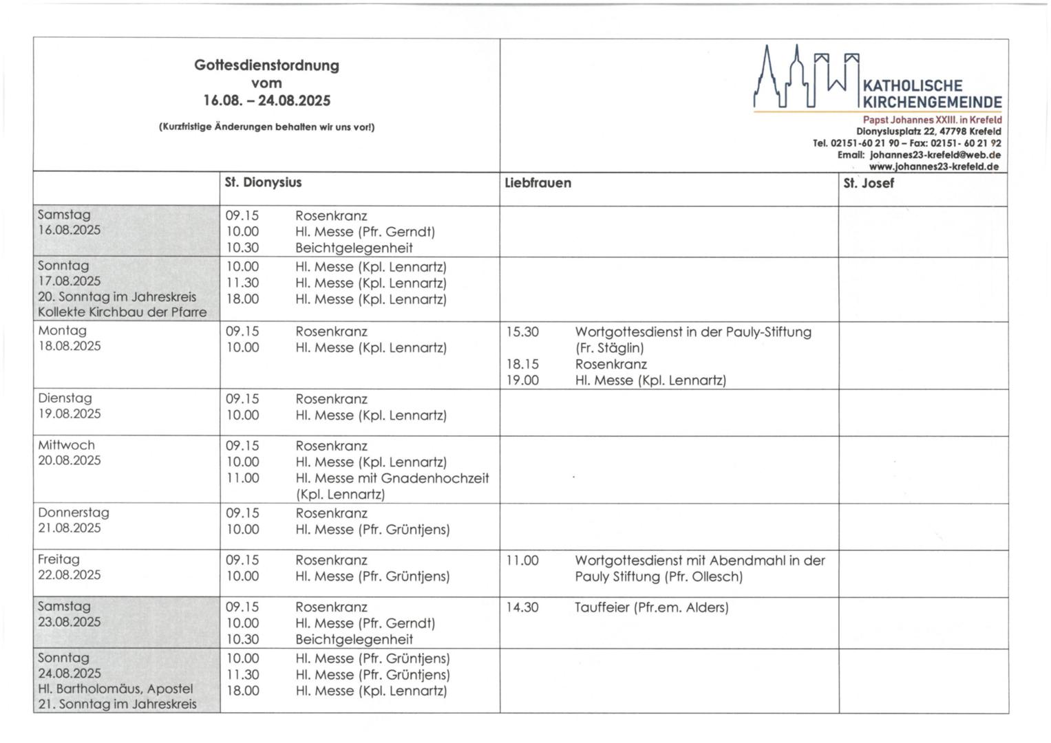 tabellarische Gottesdienstordnung mit Terminen (c) P.N.
