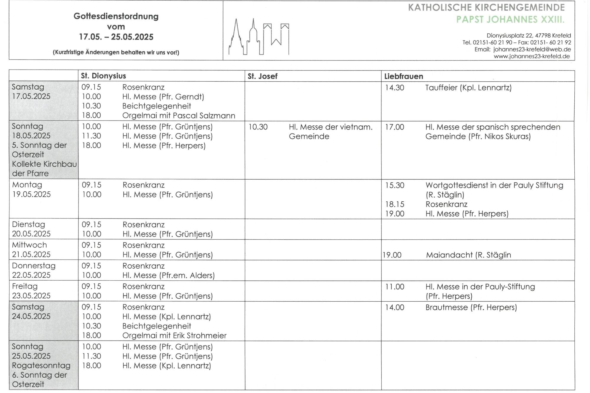 Gottesdienstordnung mit Terminen