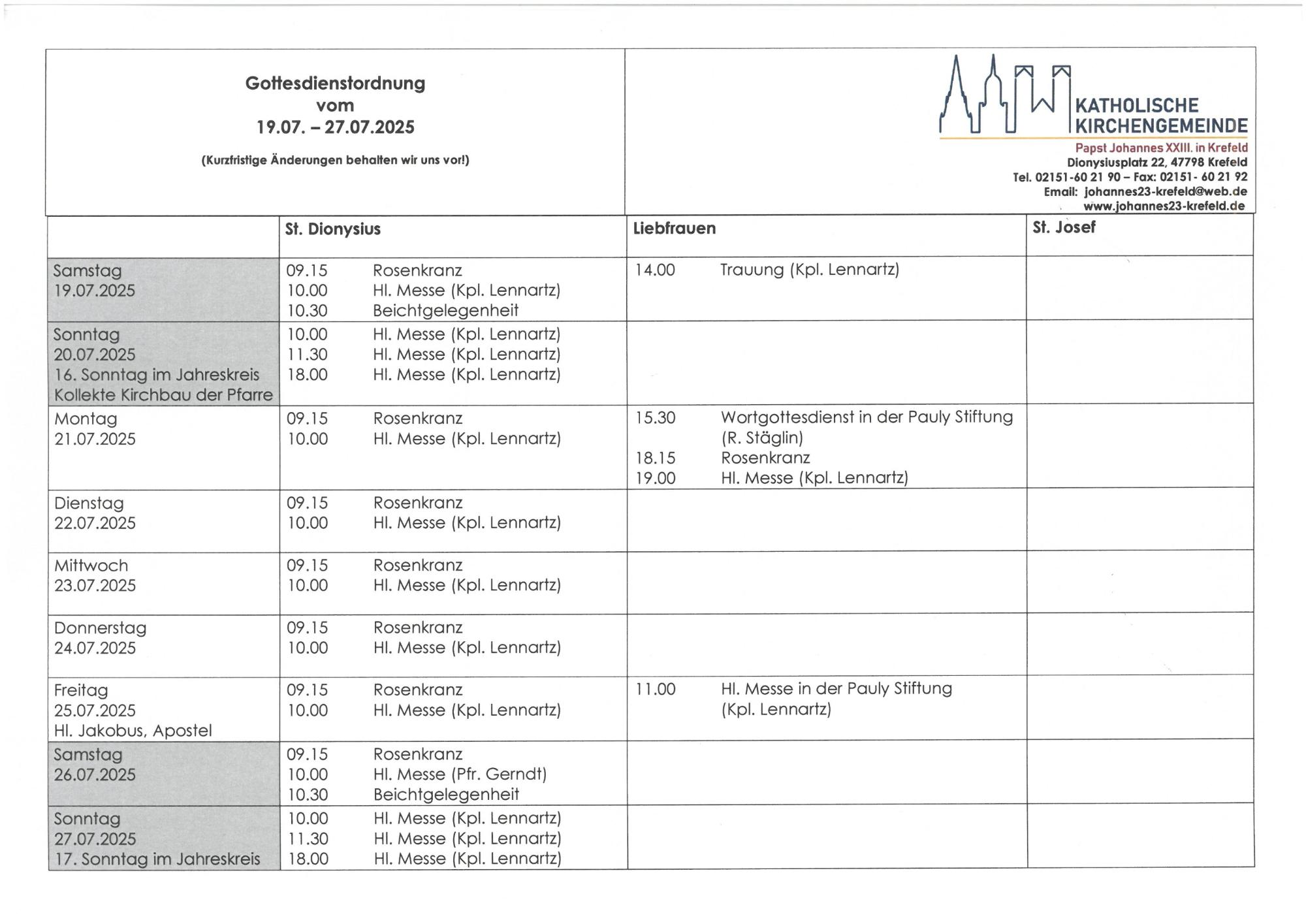 Gottesdienstordnung mit Terminen