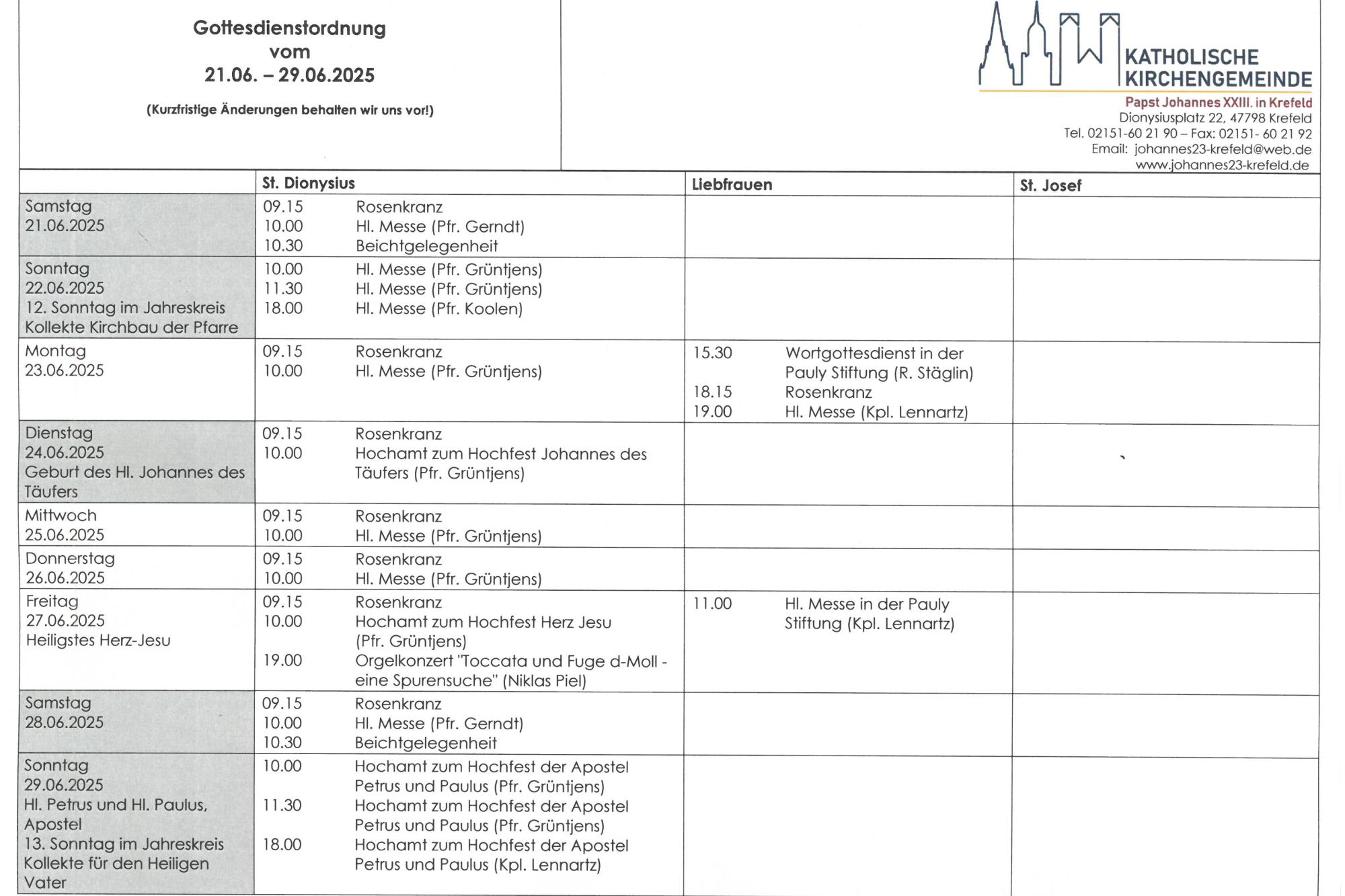 Gottesdienstordnung mit Terminen