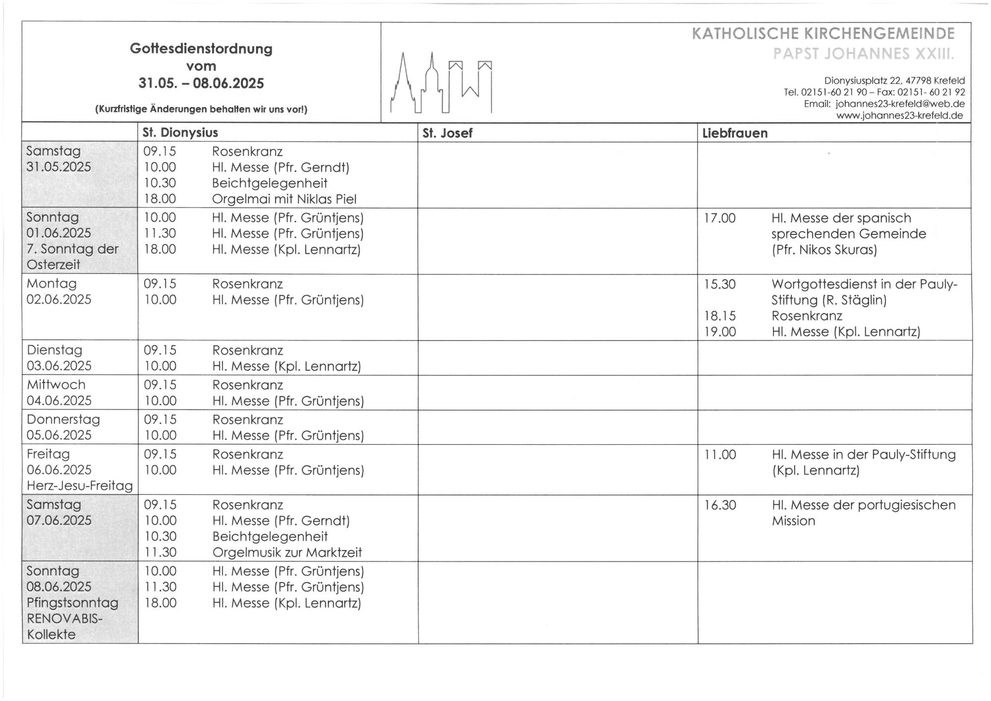 Gottesdienstordnung mit Terminen
