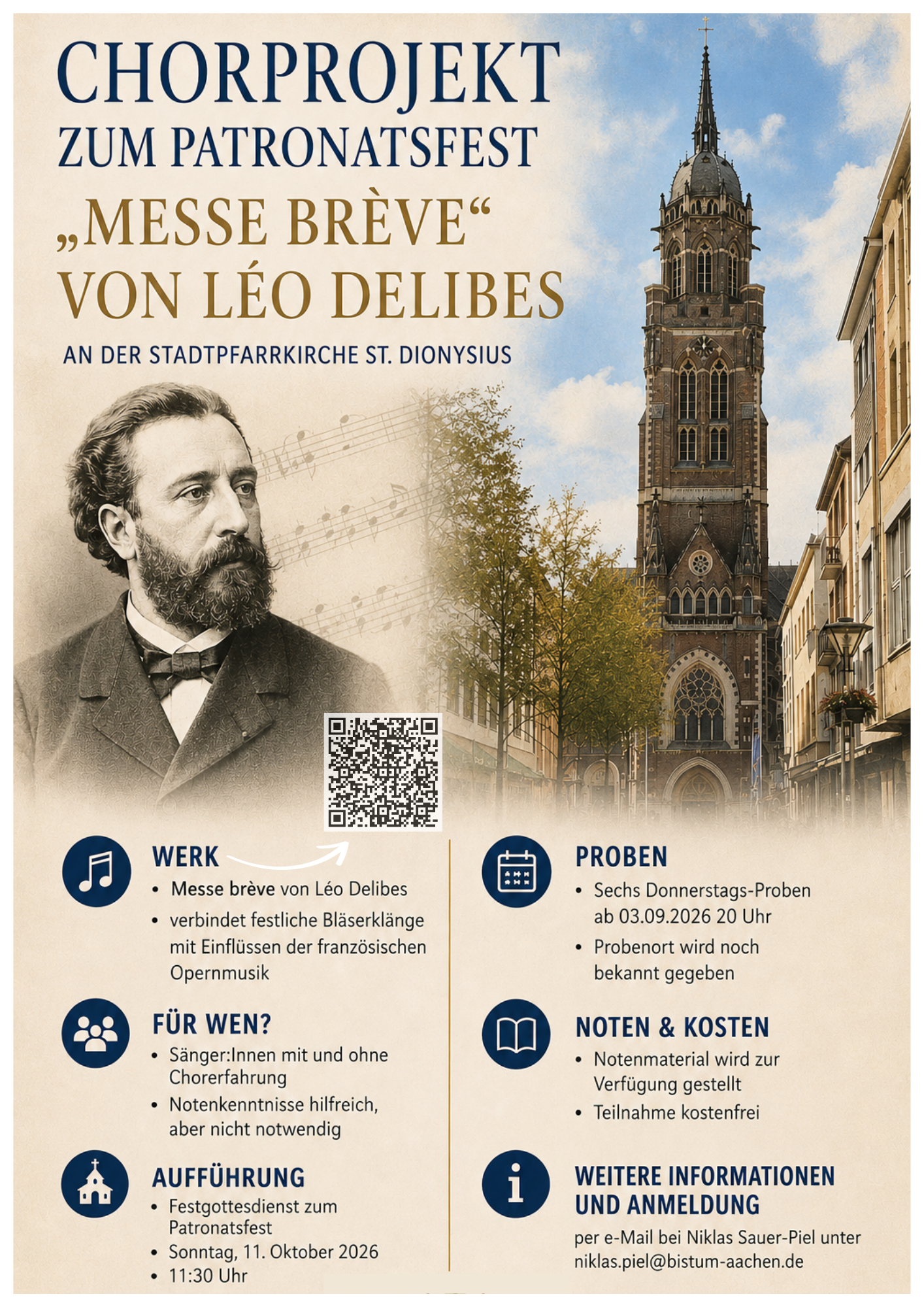 Plakat mit Infos aus Text. Links oben Portrait des Komponisten, rechts oben Bild der Kirche (c) NSP