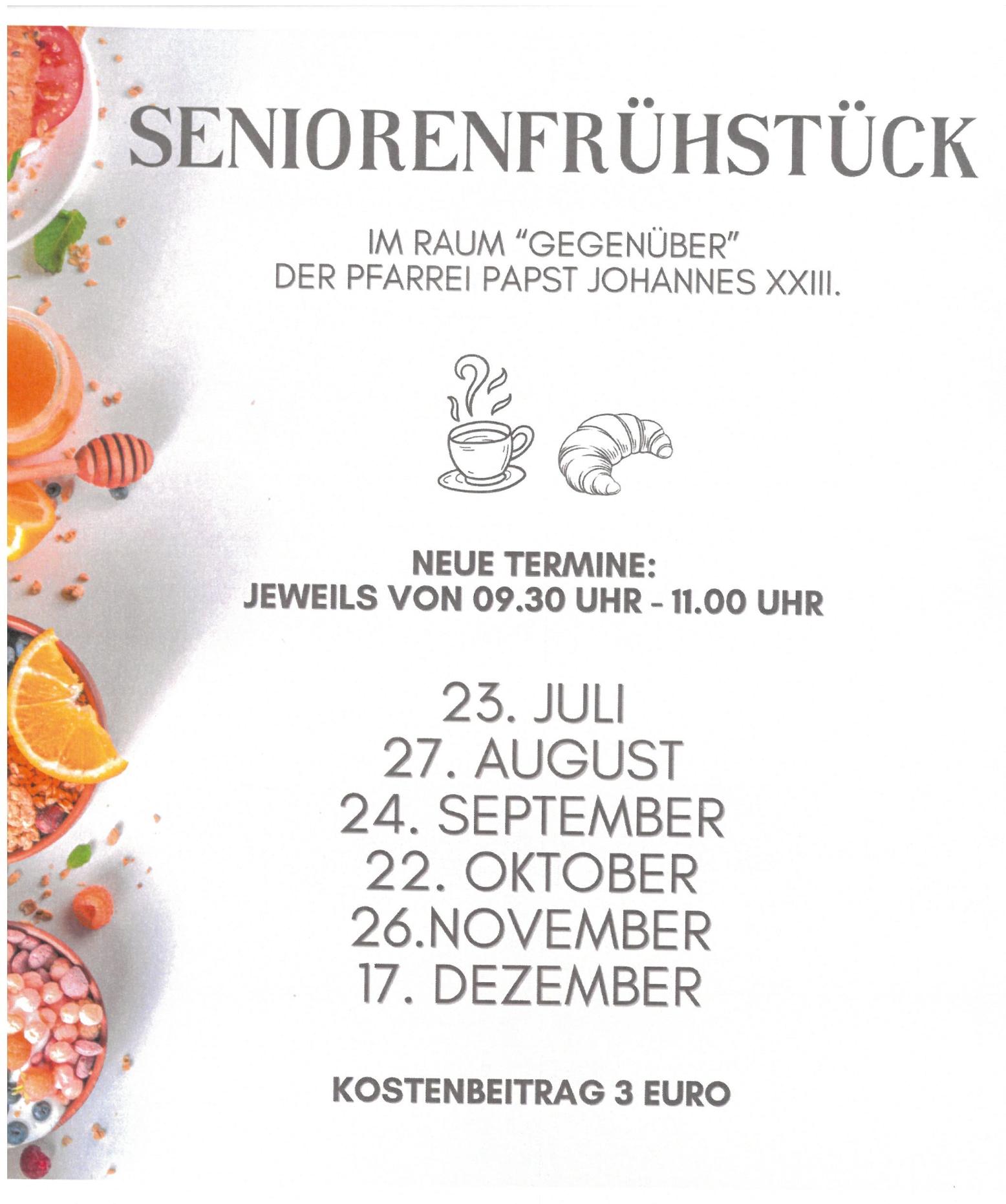 Terminübersicht des Seniorenfrühstücks mit Bilderrn von Frühstücksutensilien (c) ME.