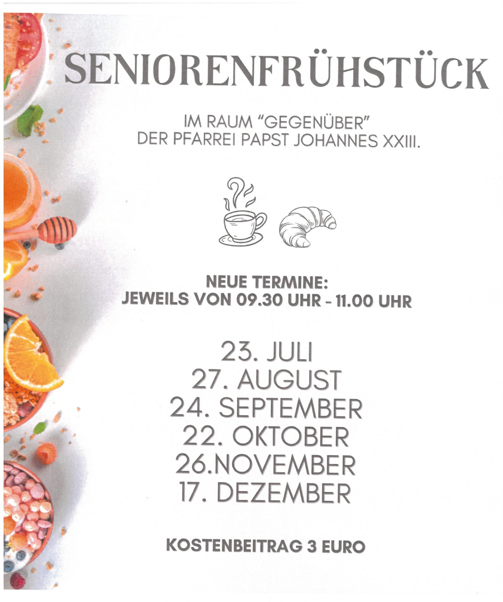 Terminübersicht des Seniorenfrühstücks mit Bilderrn von Frühstücksutensilien